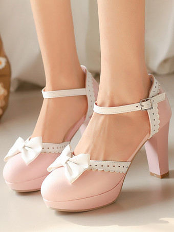 PinkSweet Lolita Shoes White Bows PU Leather Chunky Heel Lolita Shoes