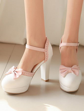 Sweet Lolita Shoes White Bows PU Leather Chunky Heel Lolita Shoes