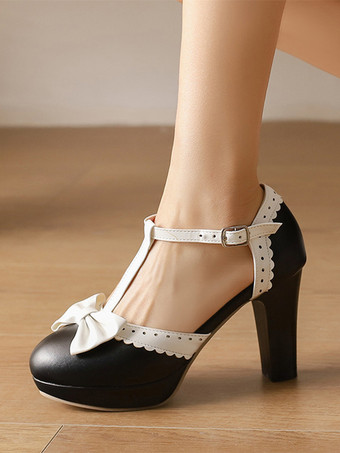 Black Sweet Lolita Shoes Black Bows Round Toe PU Leather Lolita Pumps