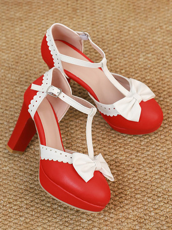 Sweet Lolita Shoes Black Bows Round Toe PU Leather Lolita Pumps