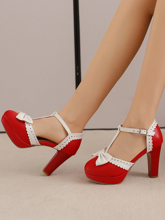 Red Sweet Lolita Shoes Black Bows Round Toe PU Leather Lolita Pumps