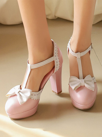 PinkSweet Lolita Shoes Black Bows Round Toe PU Leather Lolita Pumps