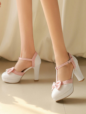 White Sweet Lolita Shoes Black Bows Round Toe PU Leather Lolita Pumps