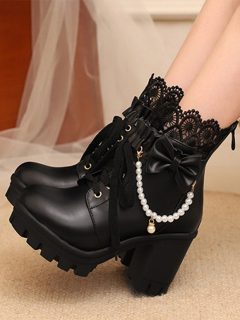 スイートロリータブーツ PUレザー レースリボン ラウンドトゥ ブラック ロリータシューズ