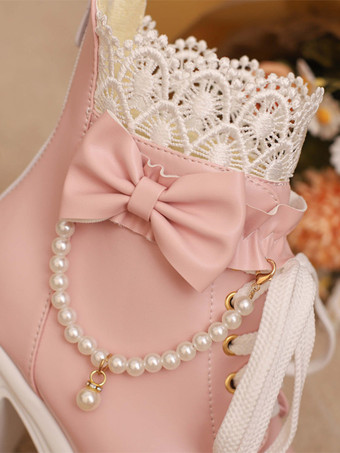 スイートロリータブーツ PUレザー レースリボン ラウンドトゥ ブラック ロリータシューズ