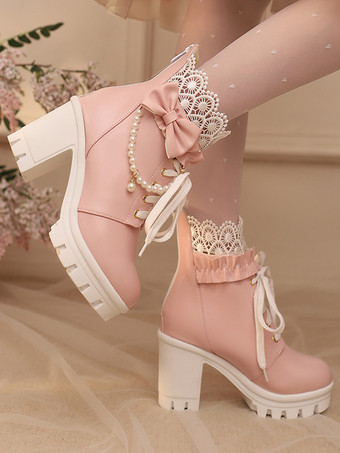 スイートロリータブーツ PUレザー レースリボン ラウンドトゥ ブラック ロリータシューズ