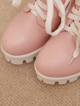 スイートロリータブーツ PUレザー レースリボン ラウンドトゥ ブラック ロリータシューズ