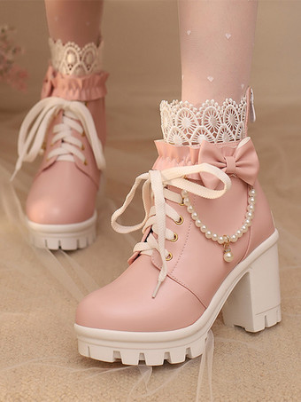 スイートロリータブーツ PUレザー レースリボン ラウンドトゥ ブラック ロリータシューズ