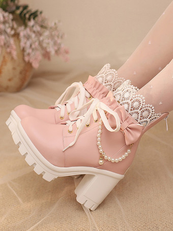 スイートロリータブーツ PUレザー レースリボン ラウンドトゥ ブラック ロリータシューズ