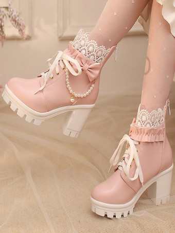 ピンクスイートロリータブーツ PUレザー レースリボン ラウンドトゥ ブラック ロリータシューズ