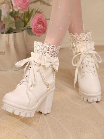 スイートロリータブーツ PUレザー レースリボン ラウンドトゥ ブラック ロリータシューズ