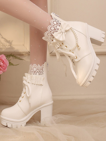 スイートロリータブーツ PUレザー レースリボン ラウンドトゥ ブラック ロリータシューズ