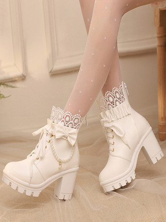 スイートロリータブーツ PUレザー レースリボン ラウンドトゥ ブラック ロリータシューズ