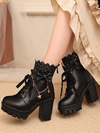 スイートロリータブーツ ホワイトリボン レース ラウンドトゥ PUレザー ロリータシューズ