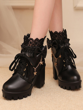 ブラック スイートロリータブーツ ホワイトリボン レース ラウンドトゥ PUレザー ロリータシューズ