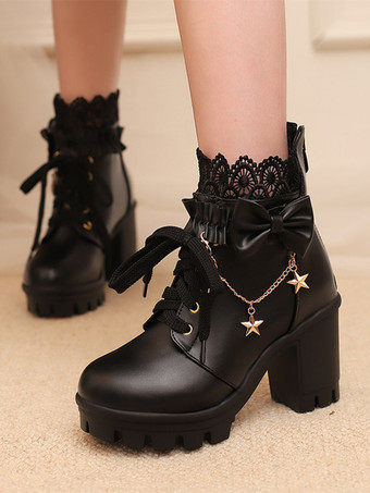 スイートロリータブーツ ホワイトリボン レース ラウンドトゥ PUレザー ロリータシューズ