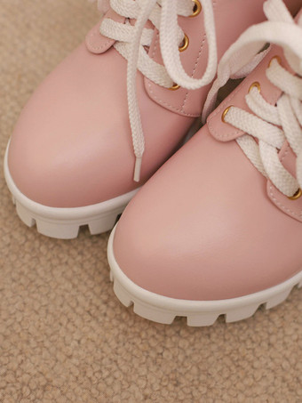 スイートロリータブーツ ホワイトリボン レース ラウンドトゥ PUレザー ロリータシューズ
