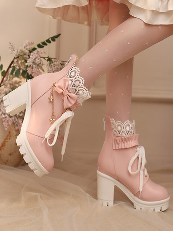 スイートロリータブーツ ホワイトリボン レース ラウンドトゥ PUレザー ロリータシューズ