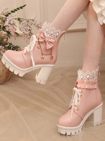 スイートロリータブーツ ホワイトリボン レース ラウンドトゥ PUレザー ロリータシューズ
