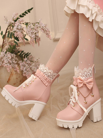 ピンクスイートロリータブーツ ホワイトリボン レース ラウンドトゥ PUレザー ロリータシューズ