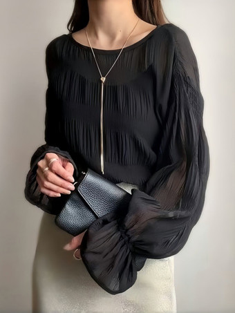 シックなジュエルネックフレアスリーブホワイトロングスリーブプリーツトップスシャツ＆ブラウストップスレディースファッション