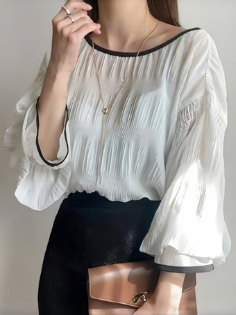 シックなジュエルネックフレアスリーブホワイトロングスリーブプリーツトップスシャツ＆ブラウストップスレディースファッション