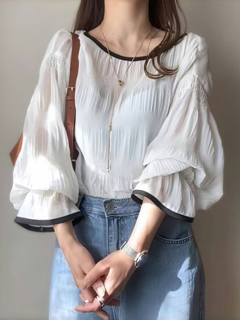 ホワイト シックなジュエルネックフレアスリーブホワイトロングスリーブプリーツトップスシャツ＆ブラウストップスレディースファッション