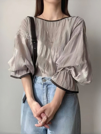 カーキ シックなジュエルネックフレアスリーブホワイトロングスリーブプリーツトップスシャツ＆ブラウストップスレディースファッション