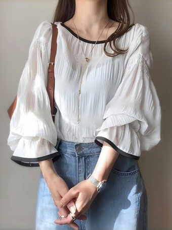 シックなジュエルネックフレアスリーブホワイトロングスリーブプリーツトップスシャツ＆ブラウストップスレディースファッション