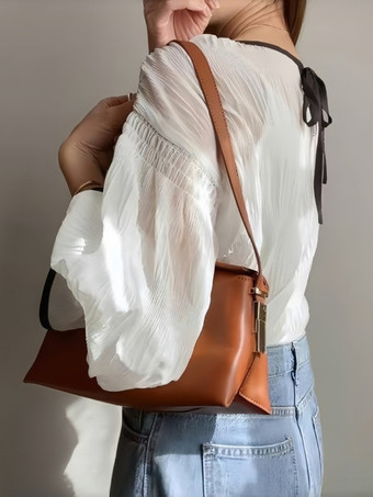 シックなジュエルネックフレアスリーブホワイトロングスリーブプリーツトップスシャツ＆ブラウストップスレディースファッション