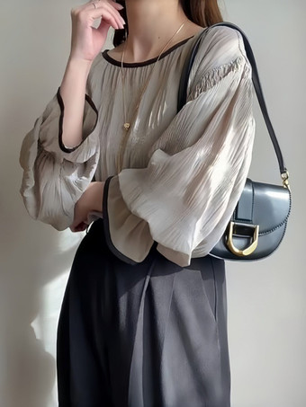 シックなジュエルネックフレアスリーブホワイトロングスリーブプリーツトップスシャツ＆ブラウストップスレディースファッション