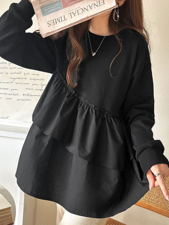 ブラック シックなジュエルネックホワイト長袖ツートンプリーツトップTシャツトップスレディースファッション