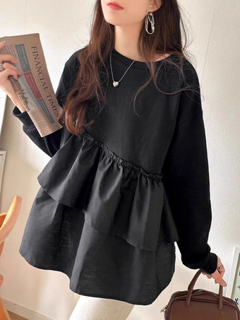 シックなジュエルネックホワイト長袖ツートンプリーツトップTシャツトップスレディースファッション