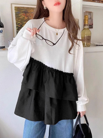 シックなジュエルネックホワイト長袖ツートンプリーツトップTシャツトップスレディースファッション