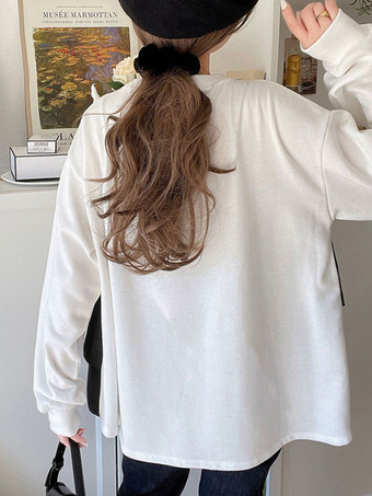 シックなジュエルネックホワイト長袖ツートンプリーツトップTシャツトップスレディースファッション