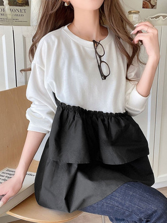 シックなジュエルネックホワイト長袖ツートンプリーツトップTシャツトップスレディースファッション