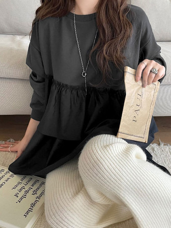 シックなジュエルネックホワイト長袖ツートンプリーツトップTシャツトップスレディースファッション