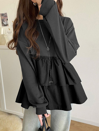 シックなジュエルネックホワイト長袖ツートンプリーツトップTシャツトップスレディースファッション