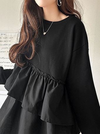 シックなジュエルネックホワイト長袖ツートンプリーツトップTシャツトップスレディースファッション