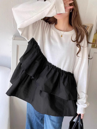 ホワイト シックなジュエルネックホワイト長袖ツートンプリーツトップTシャツトップスレディースファッション