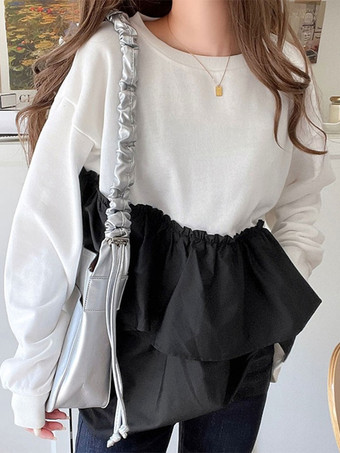 シックなジュエルネックホワイト長袖ツートンプリーツトップTシャツトップスレディースファッション