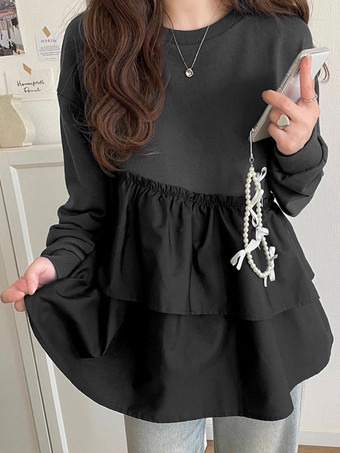 シックなジュエルネックホワイト長袖ツートンプリーツトップTシャツトップスレディースファッション