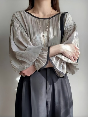 シックなジュエルネックフレアスリーブホワイトロングスリーブプリーツトップスシャツ＆ブラウストップスレディースファッション