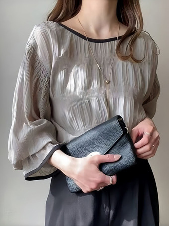 シックなジュエルネックフレアスリーブホワイトロングスリーブプリーツトップスシャツ＆ブラウストップスレディースファッション