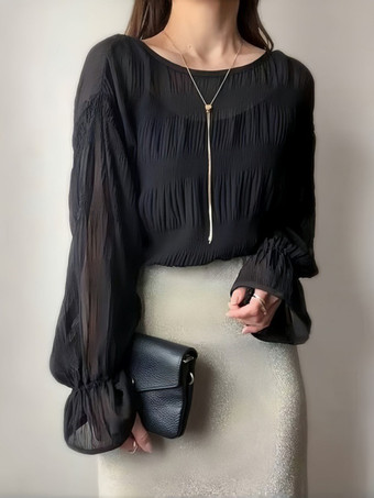 ブラック シックなジュエルネックフレアスリーブホワイトロングスリーブプリーツトップスシャツ＆ブラウストップスレディースファッション