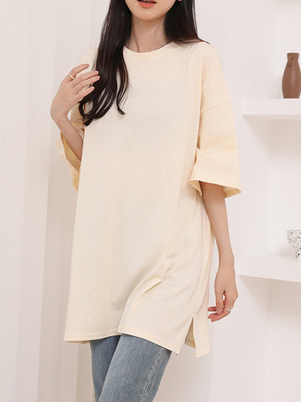 カジュアルジュエルネックネイビーブルーハーフスリーブトップスチュニックトップスレディースファッション