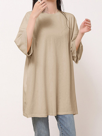 カジュアルジュエルネックネイビーブルーハーフスリーブトップスチュニックトップスレディースファッション