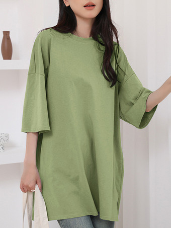 ハンターグリーン カジュアルジュエルネックネイビーブルーハーフスリーブトップスチュニックトップスレディースファッション