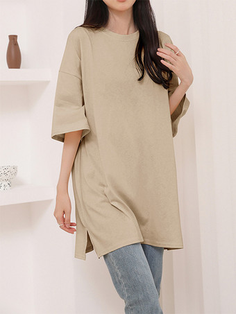 カーキ カジュアルジュエルネックネイビーブルーハーフスリーブトップスチュニックトップスレディースファッション