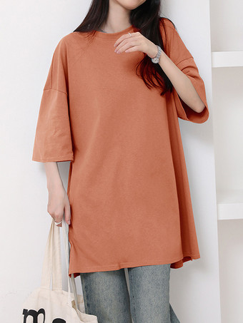 オレンジ カジュアルジュエルネックネイビーブルーハーフスリーブトップスチュニックトップスレディースファッション
